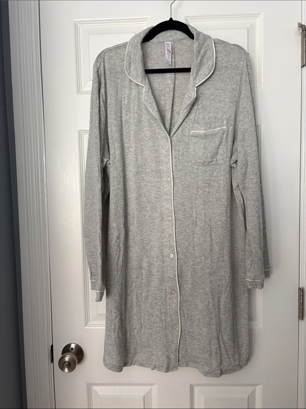 stars above Light Grey Long Button-Front Sleep Shirt with White Piping